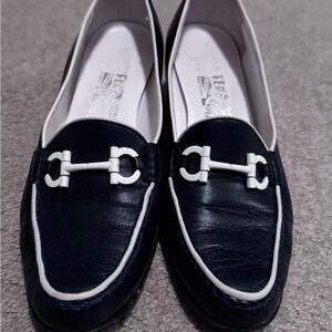 Salvatore Ferragamo Blue Flats with White Trim and Silver Accent